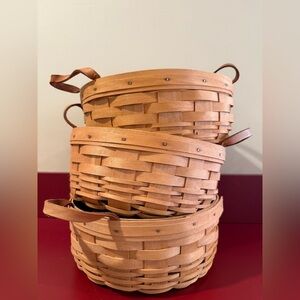 Longaberger 1999 9.5” Round Gathering Basket w/ Dual Leather Hand Set Of 3